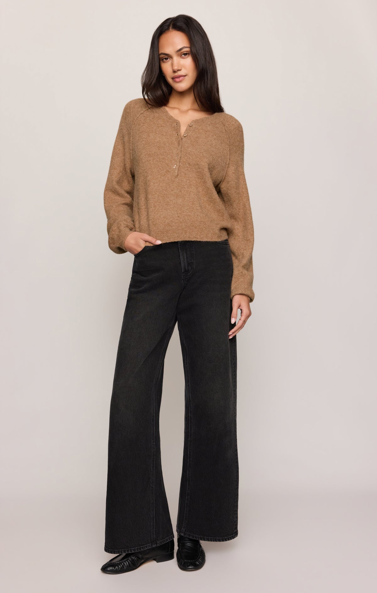 Z Supply Westmont Henley Sweater in Golden Caramel, front and back views