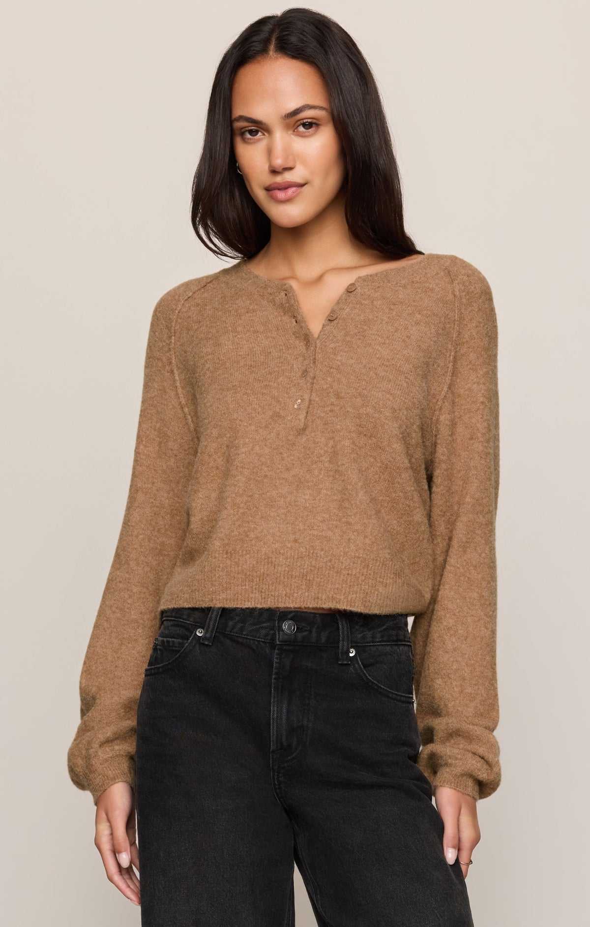 Z Supply Westmont Henley Sweater in Golden Caramel, front view